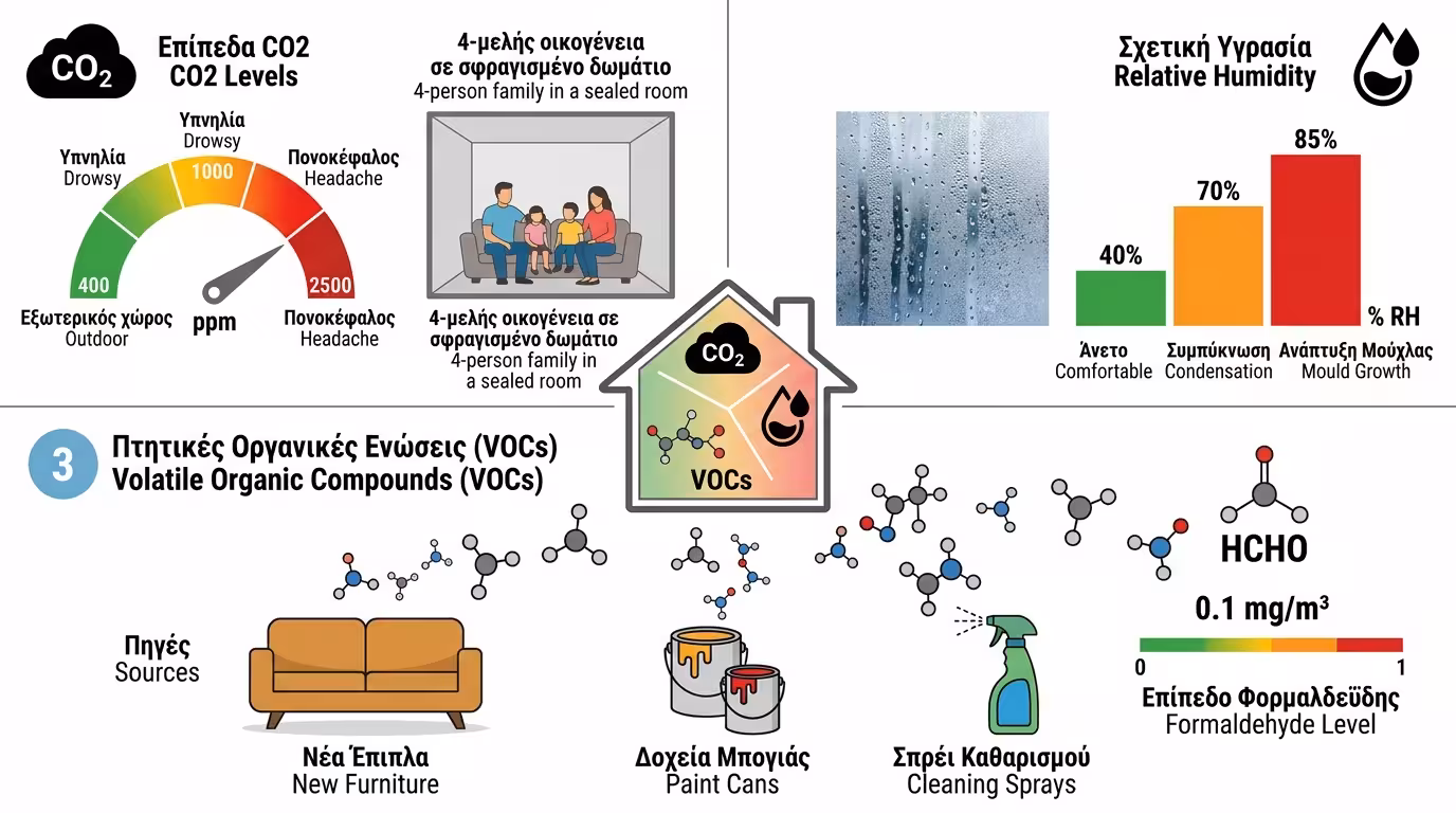 CO₂, υγρασία, VOCs - εγκλωβισμένοι ρύποι σε αεροστεγανό σπίτι χωρίς αερισμό