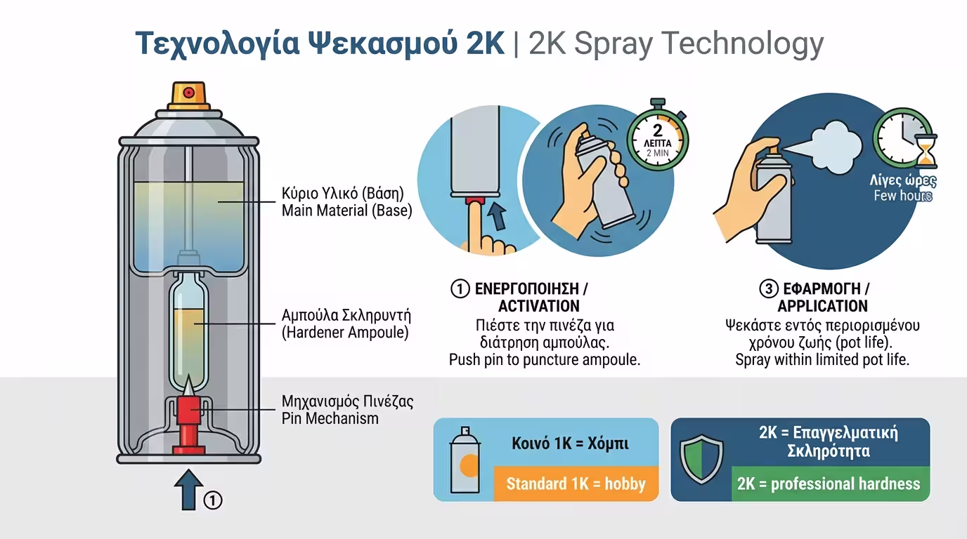 Ινφογκράφικ: Σπρέι 2K - εσωτερική αμπούλα σκληρυντή, ενεργοποίηση, ανάμειξη, εφαρμογή - χρόνο ζωής λίγες ώρες.