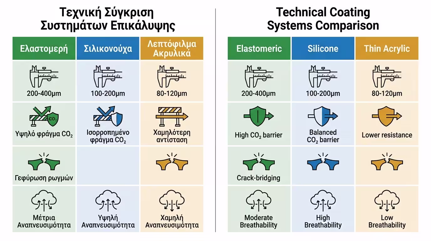 Σύγκριση τριών συστημάτων βαφής: ελαστομερή (200-400μm), σιλικονούχα, λεπτόφιλμα ακρυλικά (80-120μm)