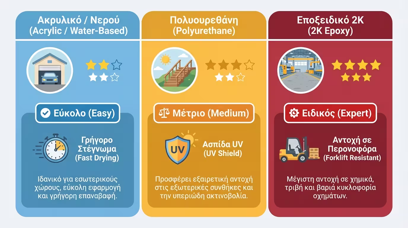 Ινφογκράφικ: Πίνακας σύγκρισης - Ακρυλική (εύκολο), Πολυουρεθανική (UV), Εποξειδική 2K (βαριά χρήση).