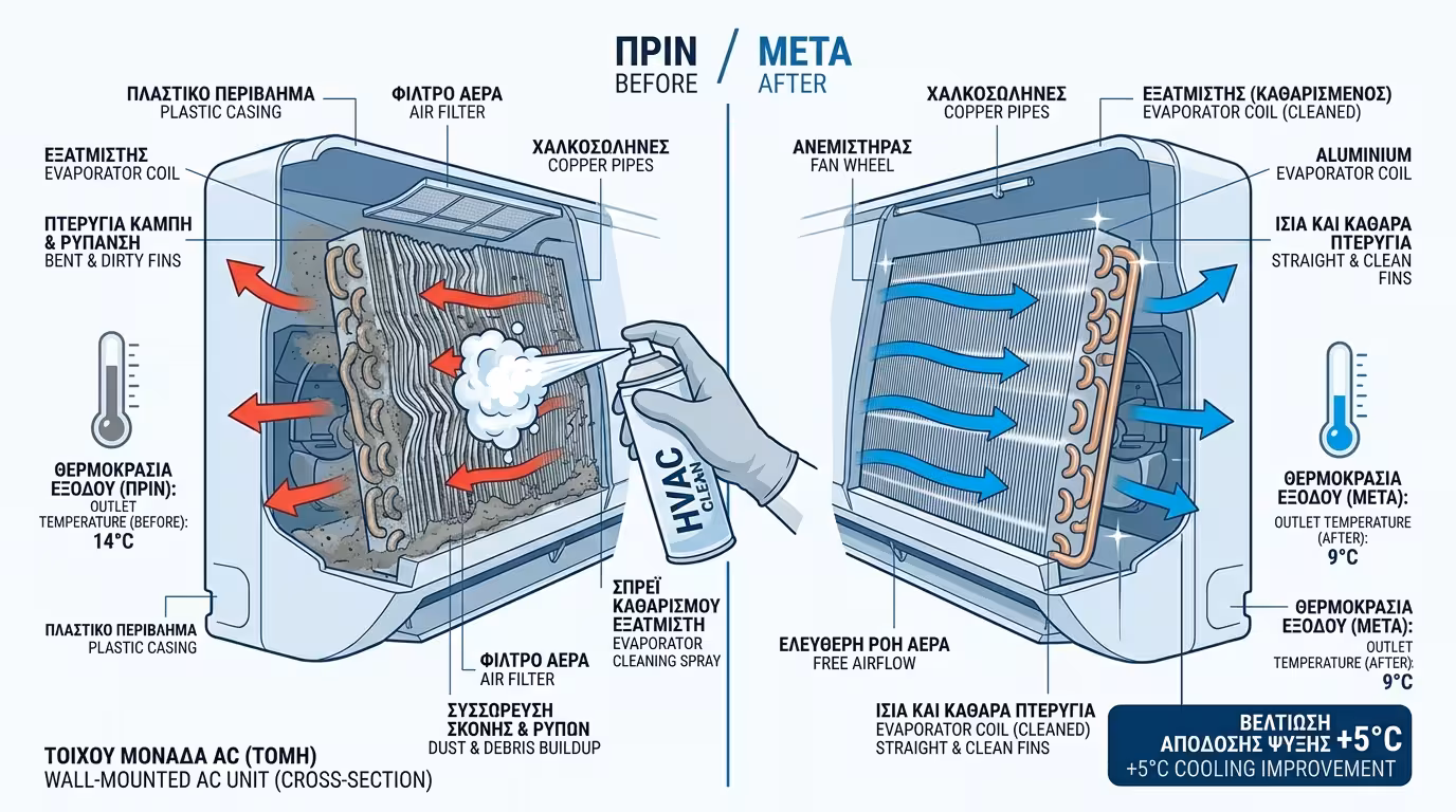 Χημικός καθαρισμός coil κλιματιστικού – αλουμίνιο, σπρέι, αντιμυκητιακό