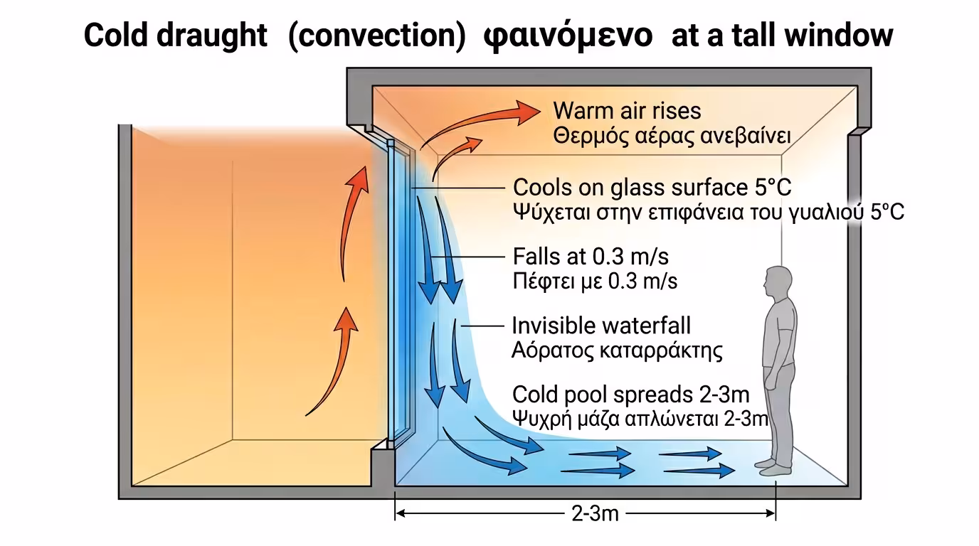 Ρεύμα μεταφοράς: ο ζεστός αέρας ψύχεται στο τζάμι και πέφτει στο πάτωμα