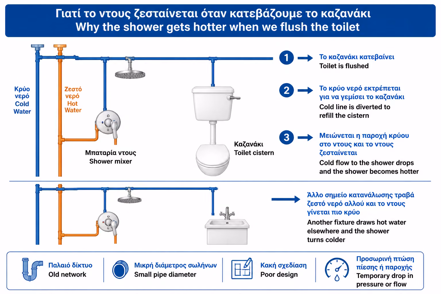 Κρύο νερό που εκτρέπεται προς το καζανάκι ενώ αλλάζει η θερμοκρασία στο ντους