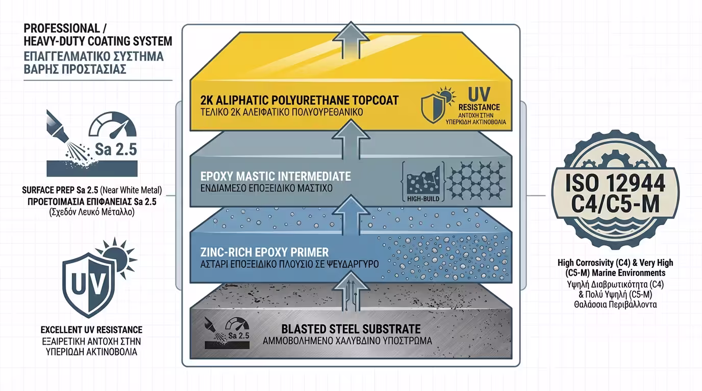 Ινφογκράφικ: ISO 12944, εποξειδικά αστάρια ψευδαργύρου, αλειφατική πολυουρεθάνη 2K - σύστημα βαρέως τύπου.