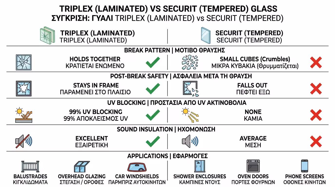 Σύγκριση Triplex vs Securit - πίνακας διαφορών και εφαρμογών