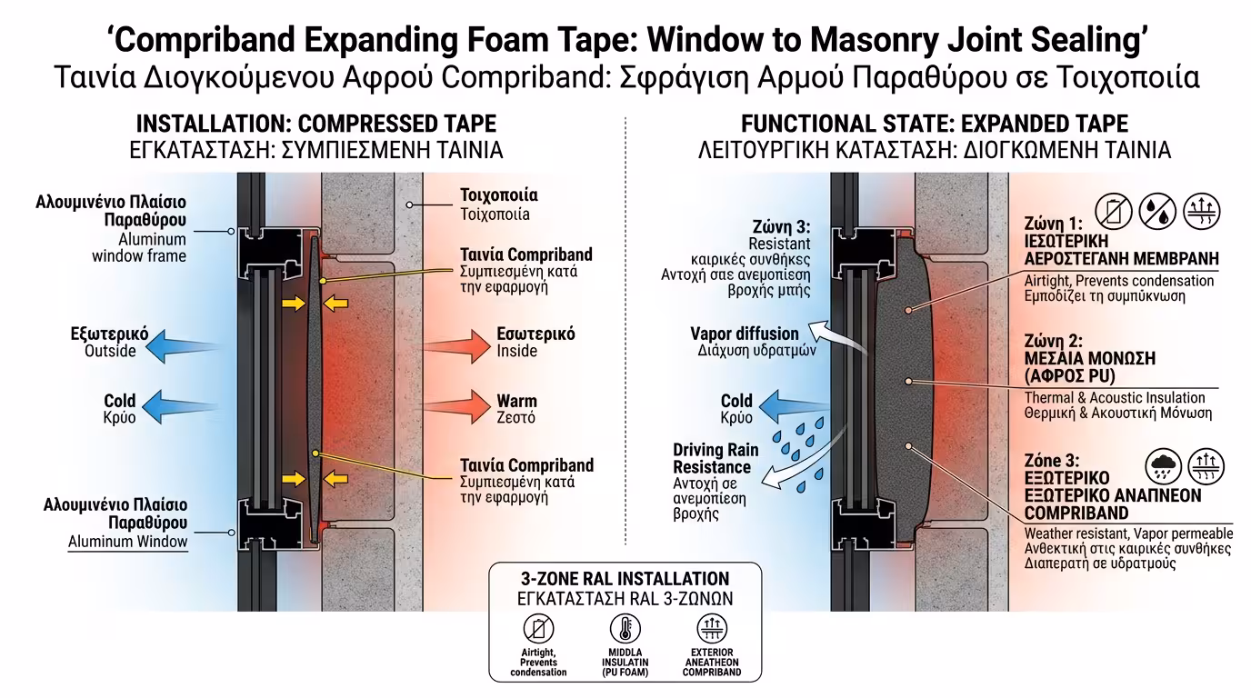 Ταινία Compriband ανάμεσα σε αλουμίνιο και φελιζόλ θερμοπρόσοψης ETICS - ελαστικός αρμός διαπνοής
