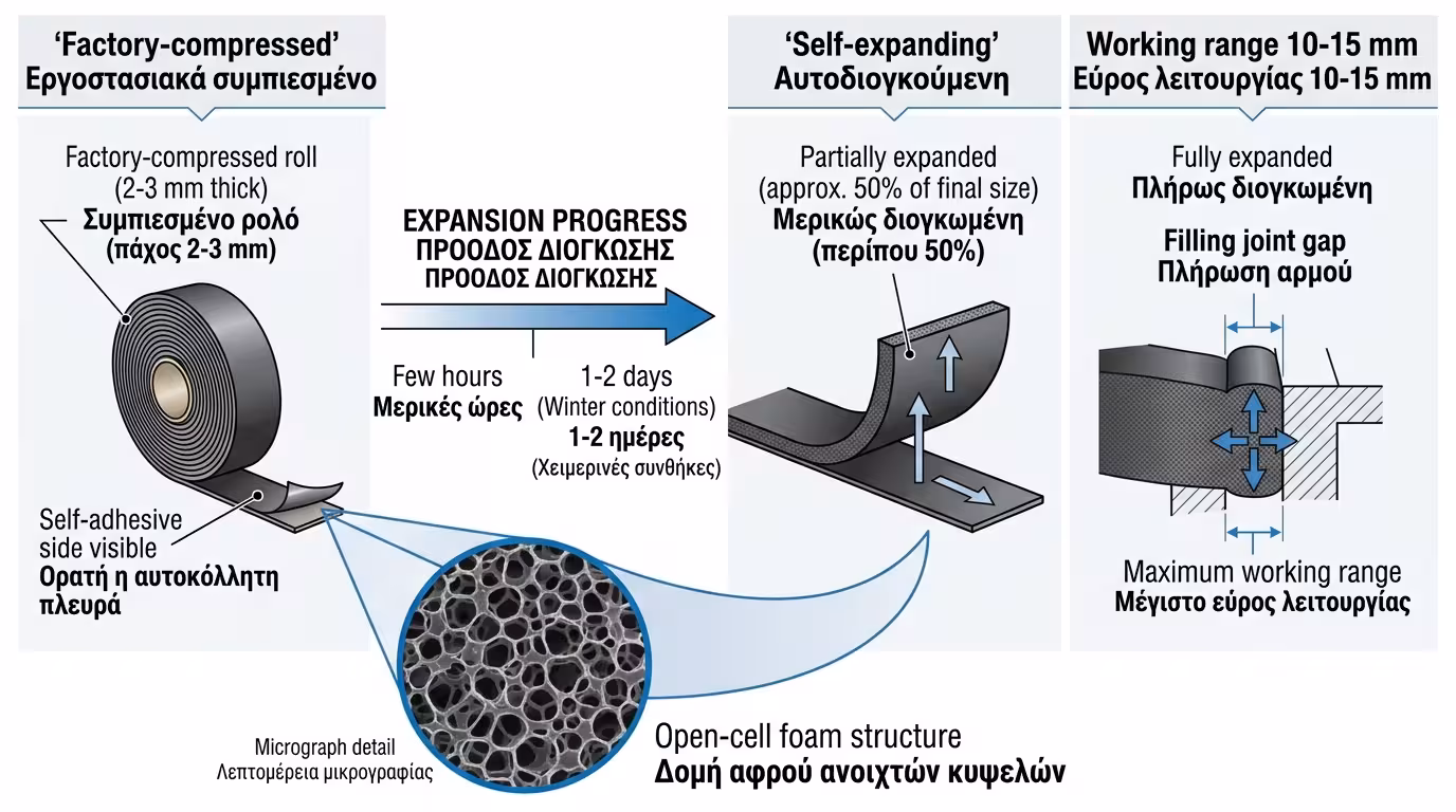 Ρολό ταινίας Compriband - αυτοδιογκούμενη ταινία αρμού σε τρεις φάσεις: συμπιεσμένη, μεσαία, πλήρης διόγκωση