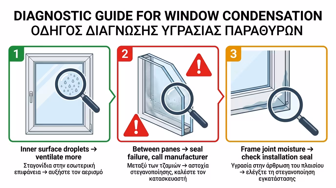 3 σημεία ελέγχου συμπύκνωσης: εσωτερική, εξωτερική, ανάμεσα στα τζάμια