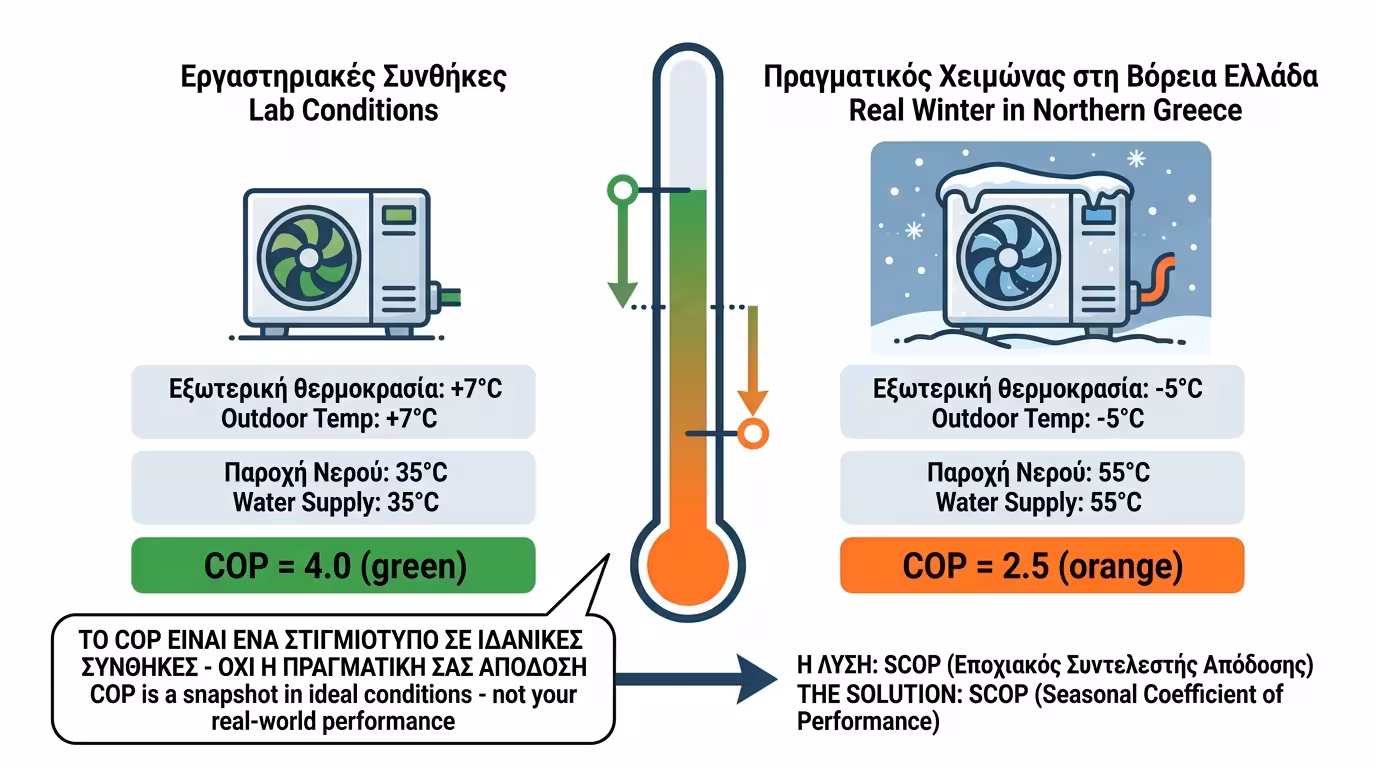 COP στιγμιαίος βαθμός απόδοσης αντλίας θερμότητας - εργαστηριακή μέτρηση