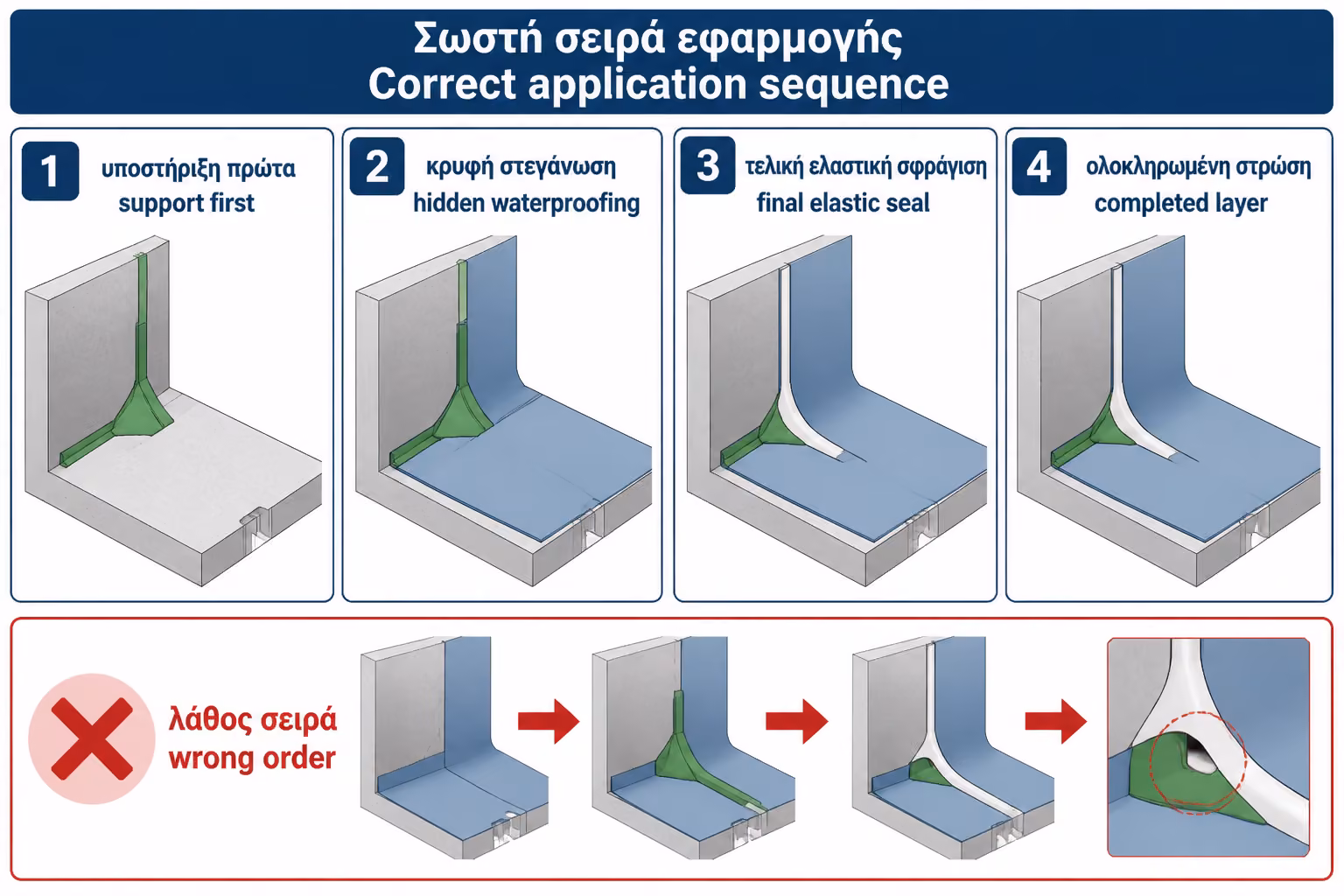 Εικονογράφηση για 3. Η σωστή σειρά: πρώτα στήριξη, μετά στεγανοποίηση, μετά τελική σφράγιση