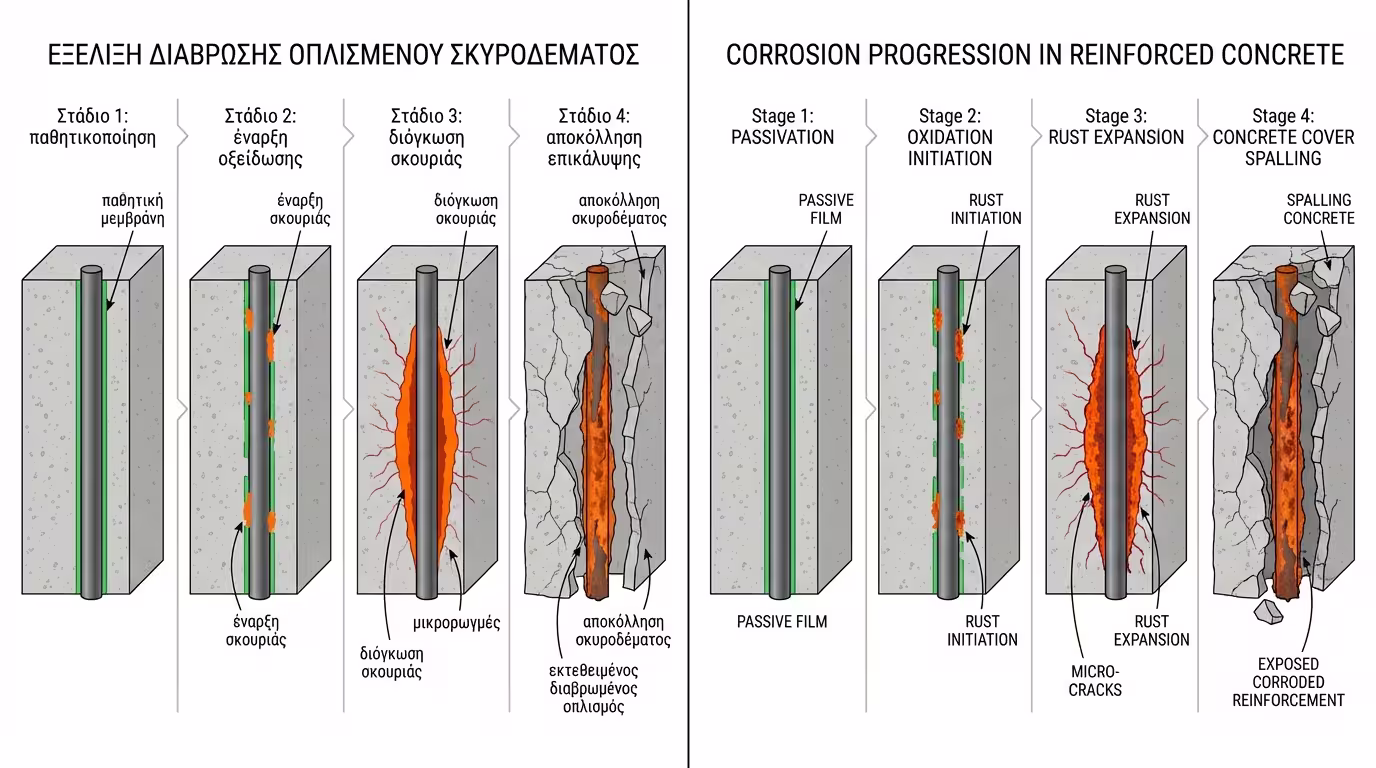Στάδια διάβρωσης οπλισμού: παθητικοποίηση, οξείδωση, διόγκωση σκουριάς, αποκόλληση επικάλυψης
