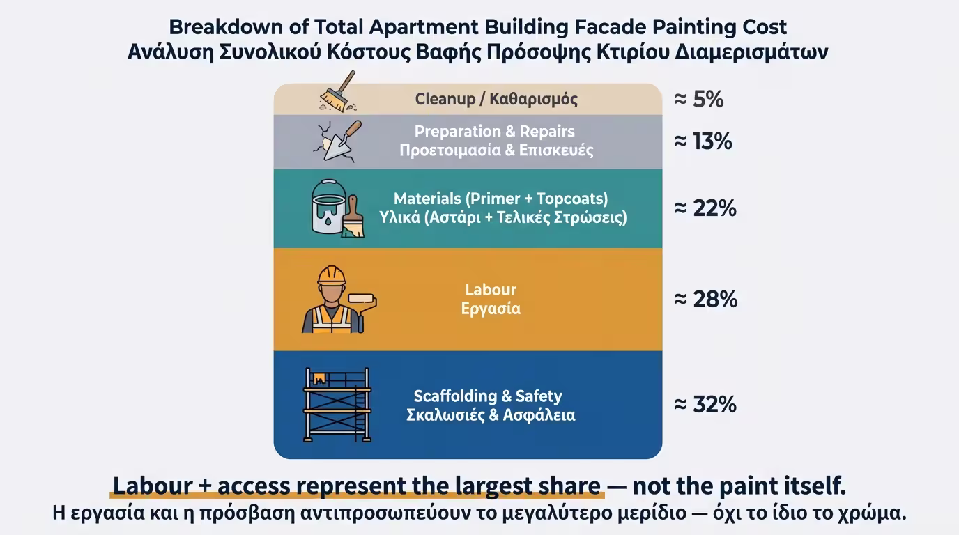 Ανάλυση κόστους βαφής: σκαλωσιές, εργασία, υλικά, προετοιμασία, καθαρισμός