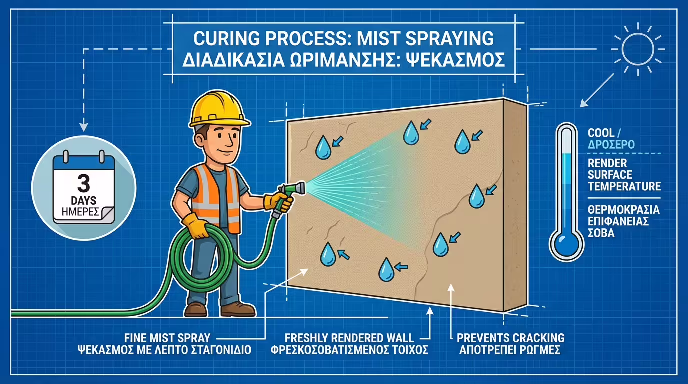 Εργάτης ψεκάζει λεπτή βροχή σε φρέσκο σοβά, ημερολόγιο 3 ημερών, θερμόμετρο δροσερού