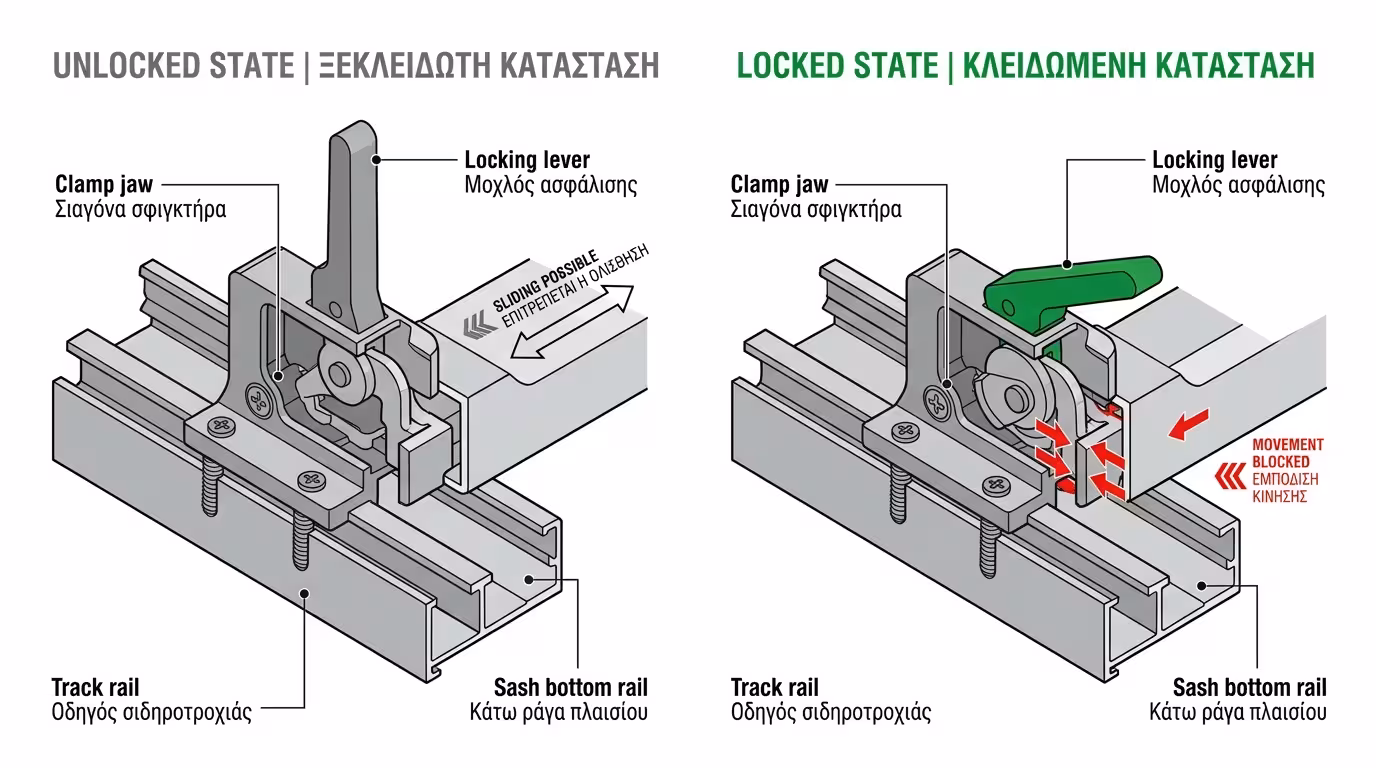 Δαγκάνα Cal για κλείδωμα συρόμενου αλουμινίου - πρόσθετη ασφάλεια