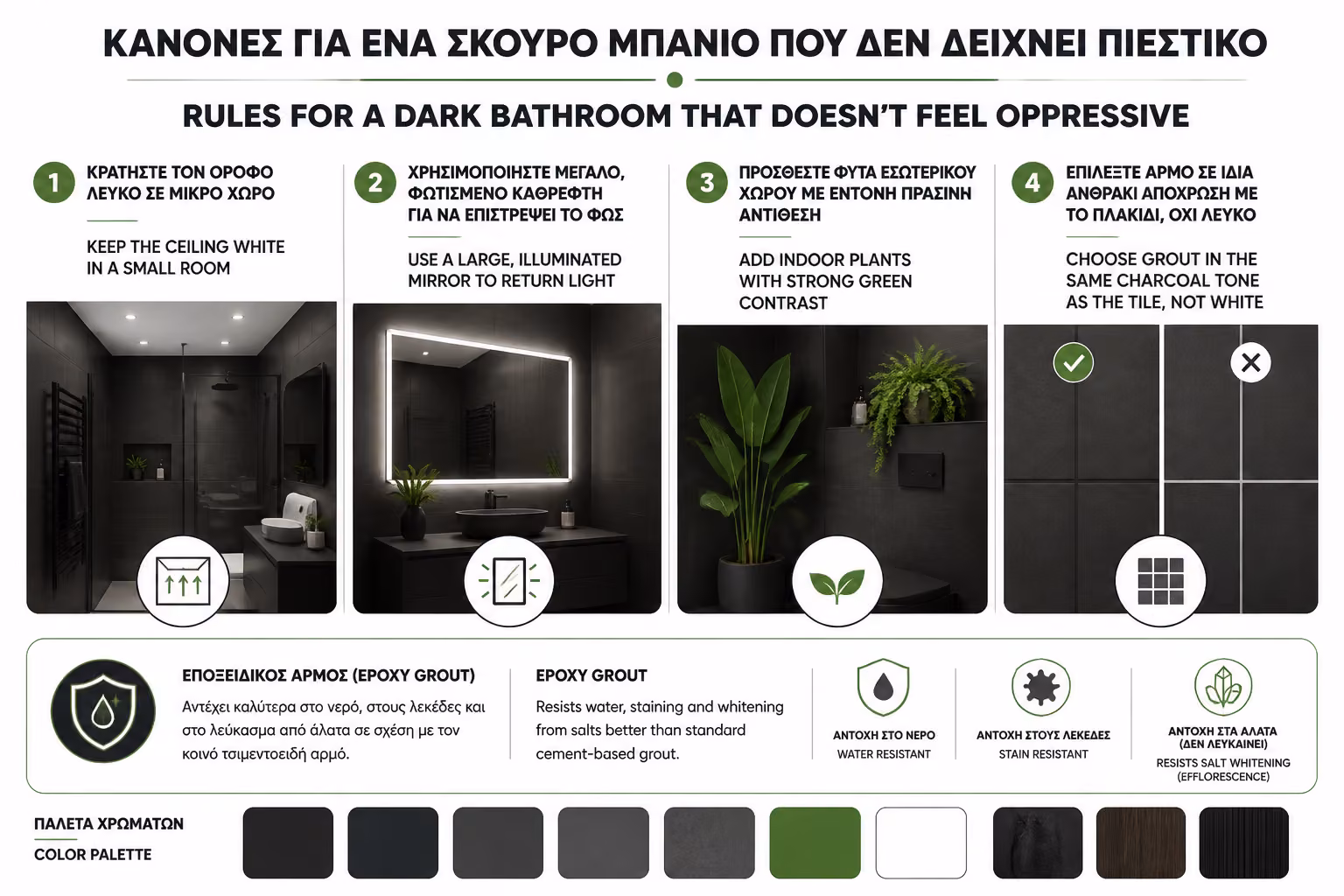 Εικονογράφηση για 3 Δοκιμασμένες Σκούρες Παλέτες για το Μπάνιο