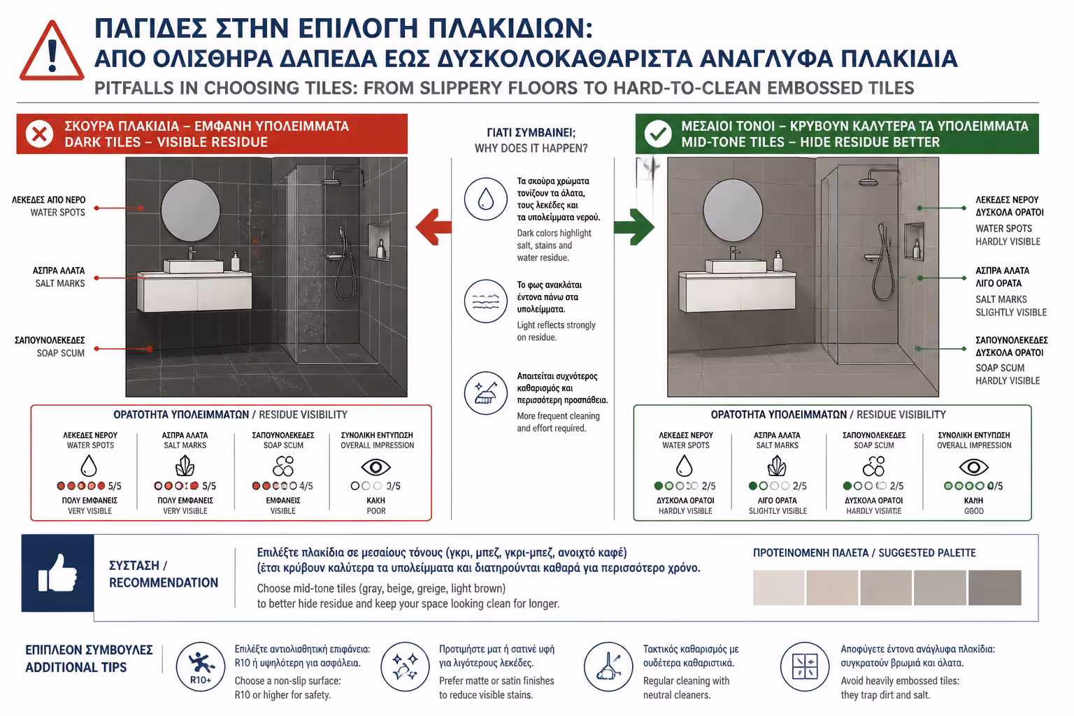 Εικονογράφηση για ορατότητα αλάτων πάνω σε σκούρα πλακάκια μπάνιου