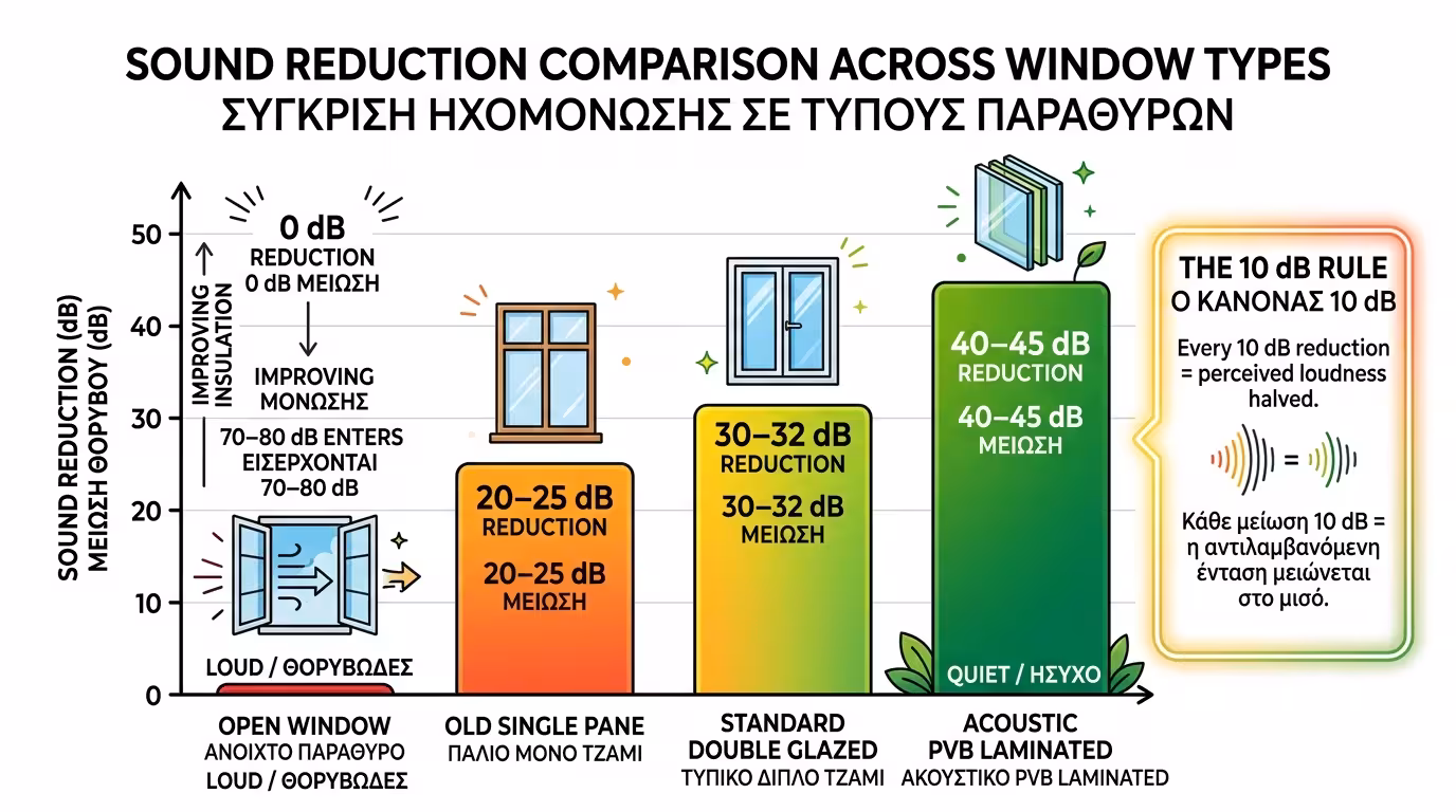 Κλίμακα ντεσιμπέλ - σύγκριση ηχομείωσης μεταξύ απλού και ηχομονωτικού τζαμιού