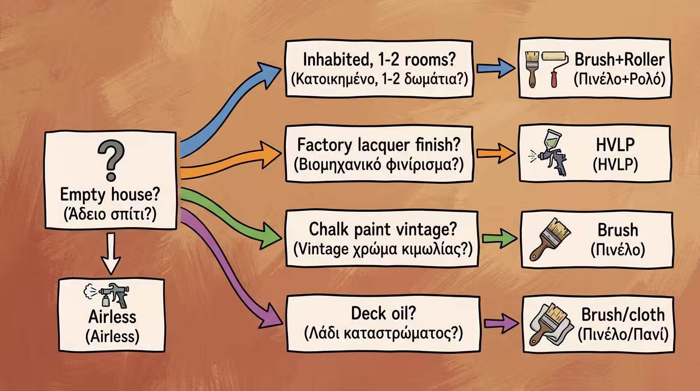 Δέντρο απόφασης: άδειο σπίτι → Airless, κατοικημένο → Ρολό+Πινέλο, εργοστασιακή λάκα → HVLP, vintage/chalk paint → Πινέλο, λάδι deck → Πινέλο/πανί (ελληνικά και αγγλικά)
