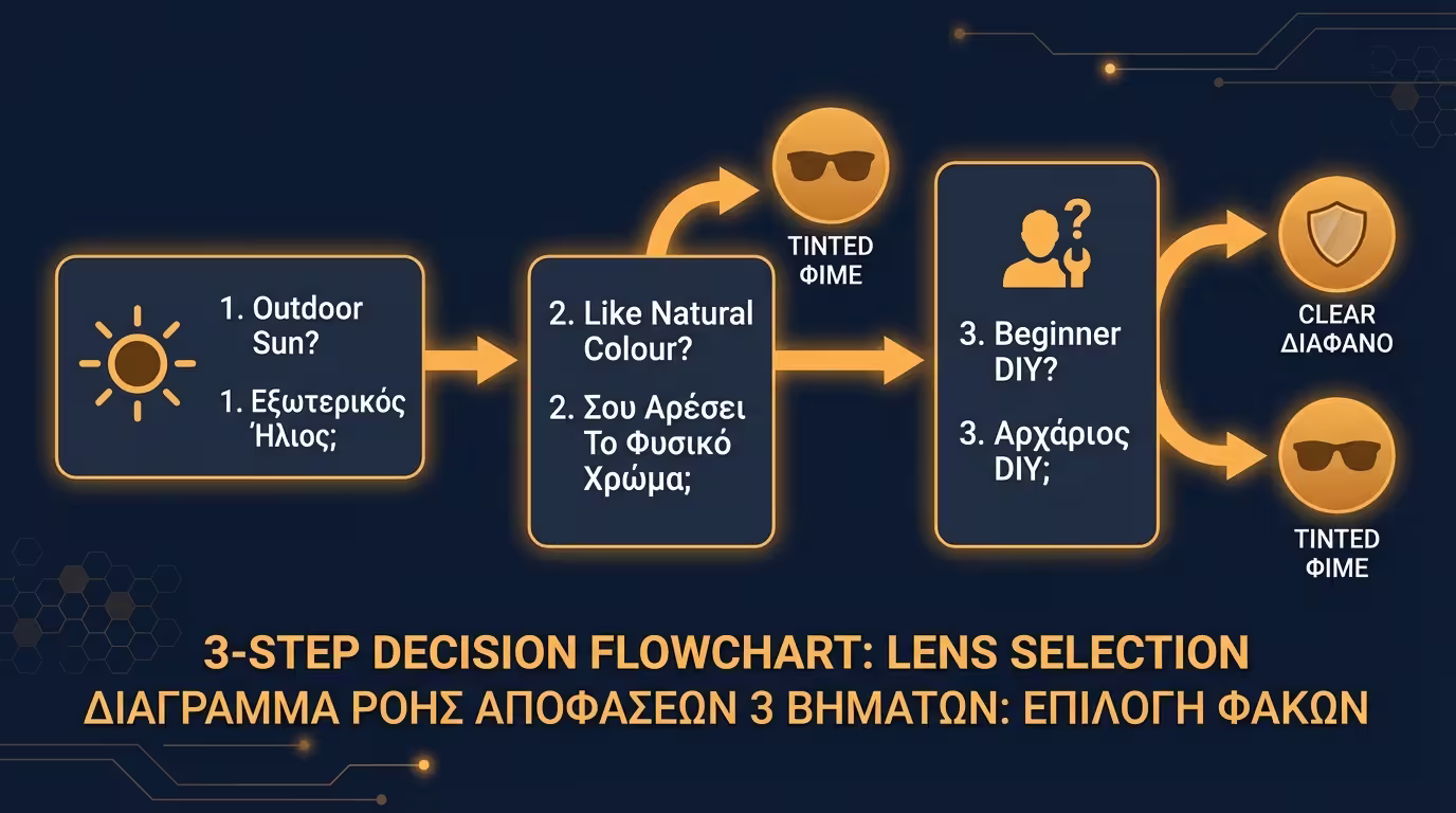 Ινφογκράφικ αλγόριθμου επιλογής: εξωτερικό → έγχρωμο, εσωτερικό → φυσικό χρώμα ωραίο; → διάφανο, αλλιώς → έγχρωμο (ελληνικά και αγγλικά)