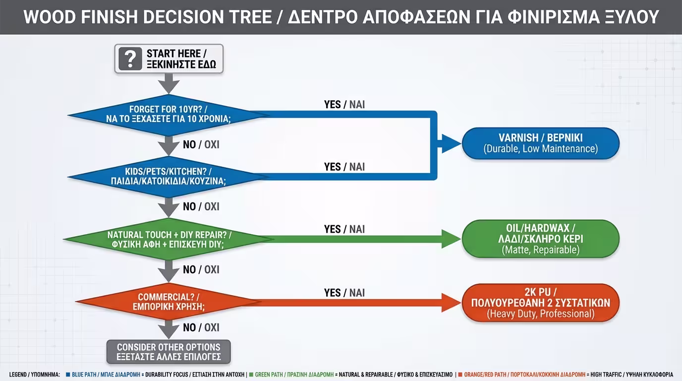 Δέντρο απόφασης: θέλω να ξεχάσω → βερνίκι, θέλω φυσική αίσθηση → λάδι, DIY τοπικές επιδιορθώσεις → λάδι, εμπορικός → 2K PU (ελληνικά και αγγλικά)