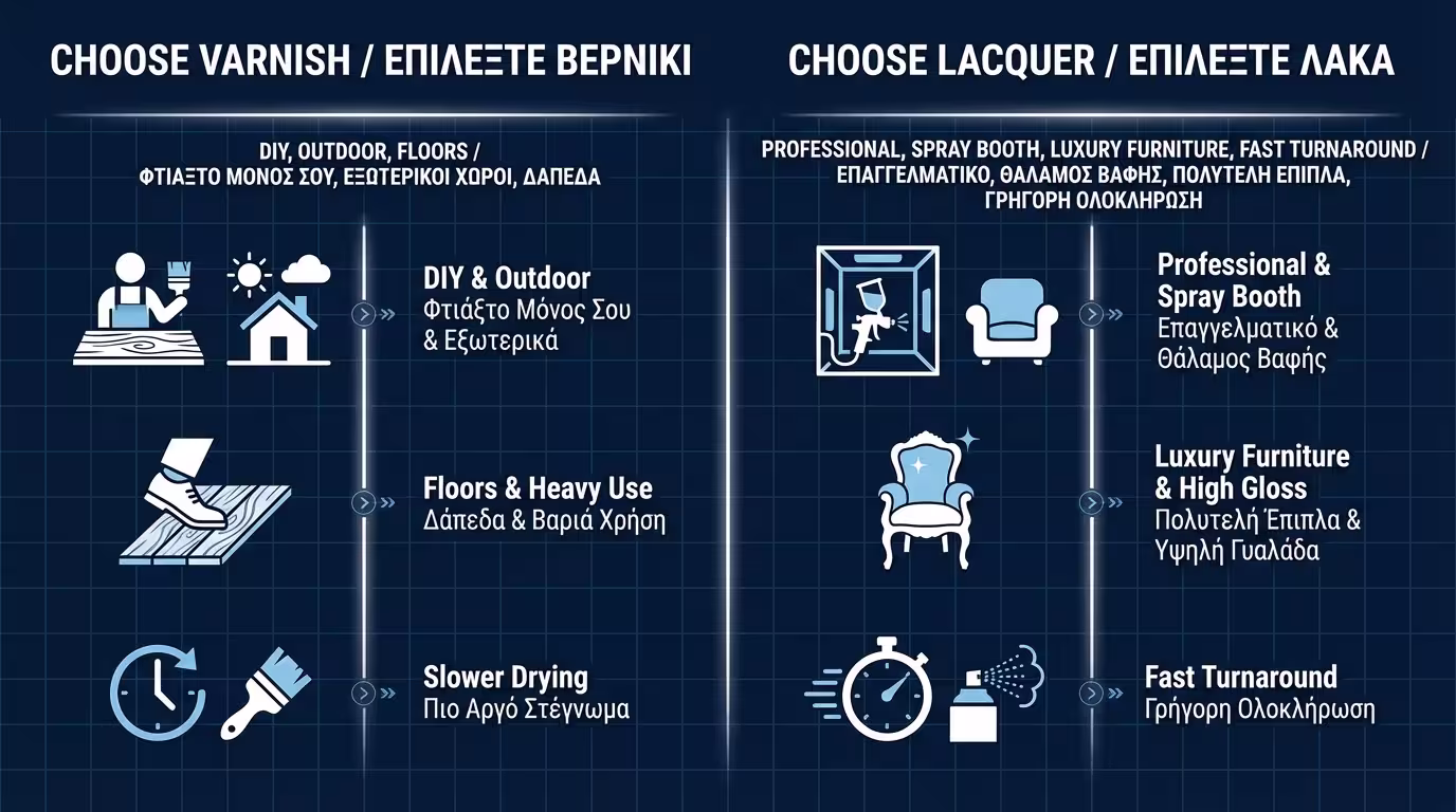 Ινφογκράφικ αλγορίθμου επιλογής: DIY→βερνίκι, εξωτερικό→βερνίκι, εργοστάσιο/πολυτέλεια→λούστρο (ελληνικά και αγγλικά)