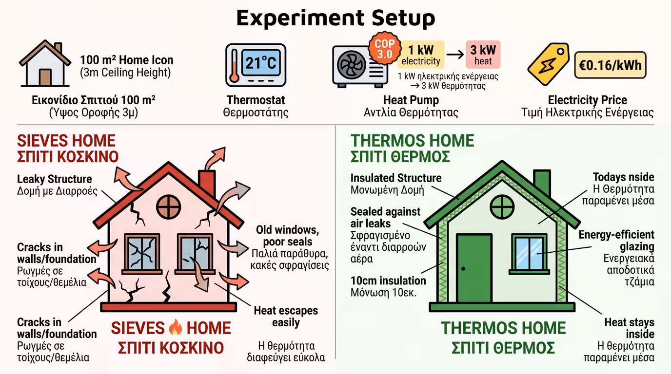 Σπίτι 100 τ.μ., αντλία COP 3.0, τιμή 0.16€/kWh