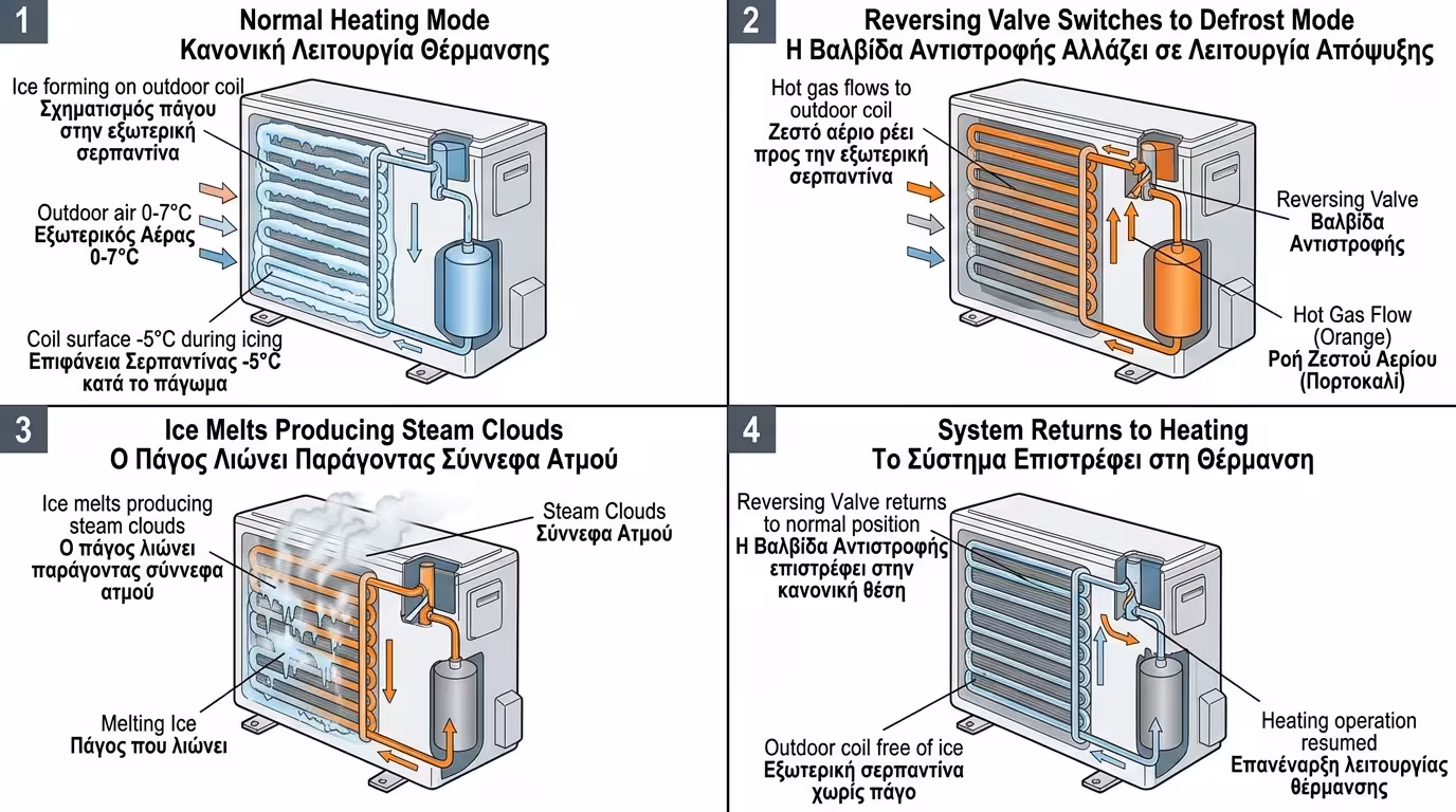 Defrost κύκλος – πάγος, εξωτερική μονάδα, ατμοί, υδρατμοί
