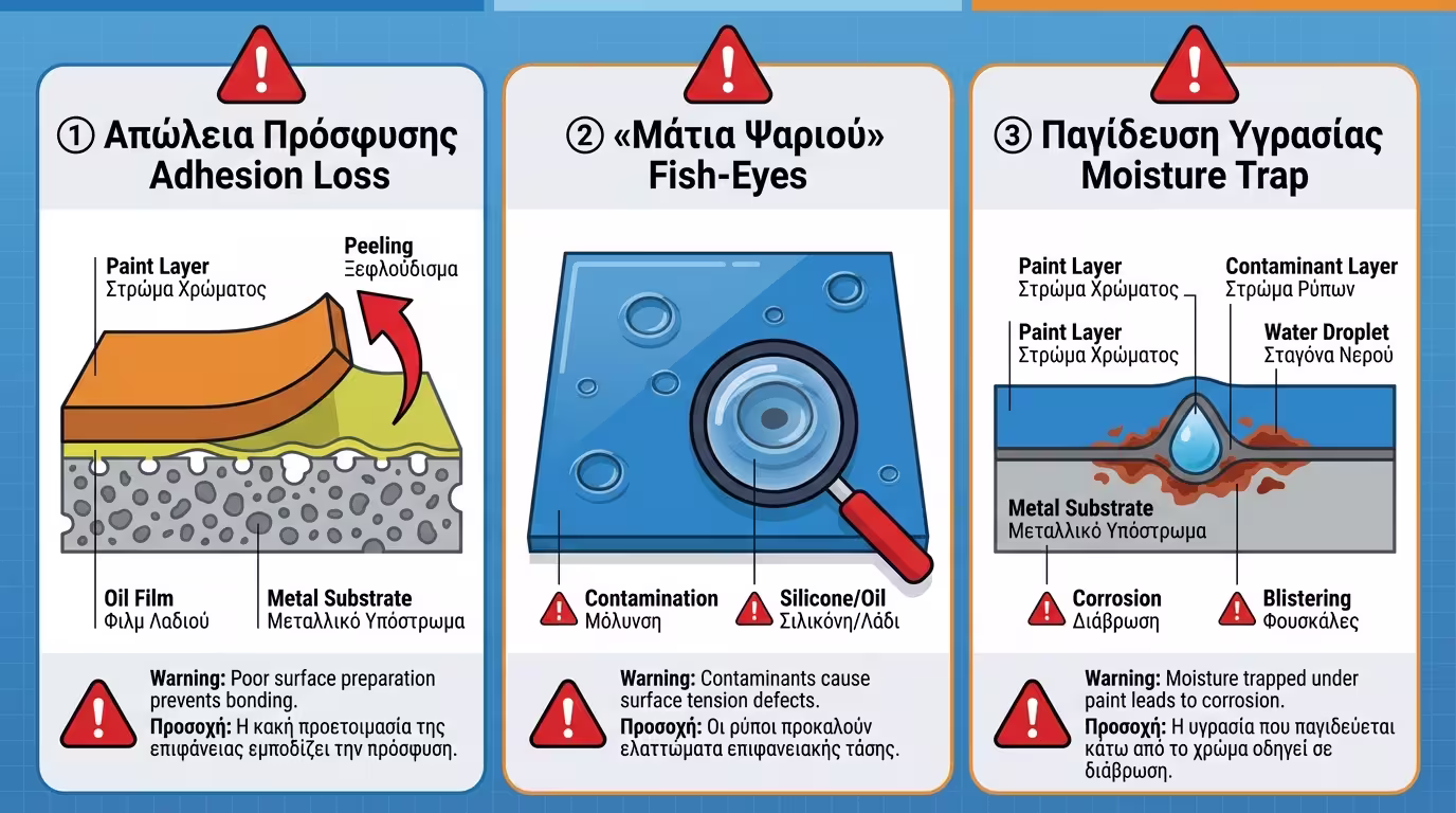 Ινφογκράφικ: 3 προβλήματα - Απώλεια πρόσφυσης, Fish-eyes (κρατήρες), Εγκλωβισμός υγρασίας.
