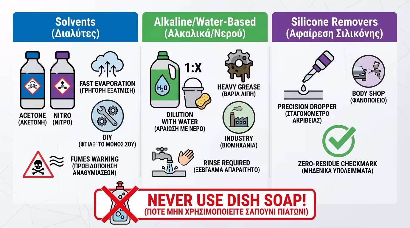 Ινφογκράφικ: Πίνακας σύγκρισης - Διαλυτικά, Αλκαλικά, Αντισιλικόνες.