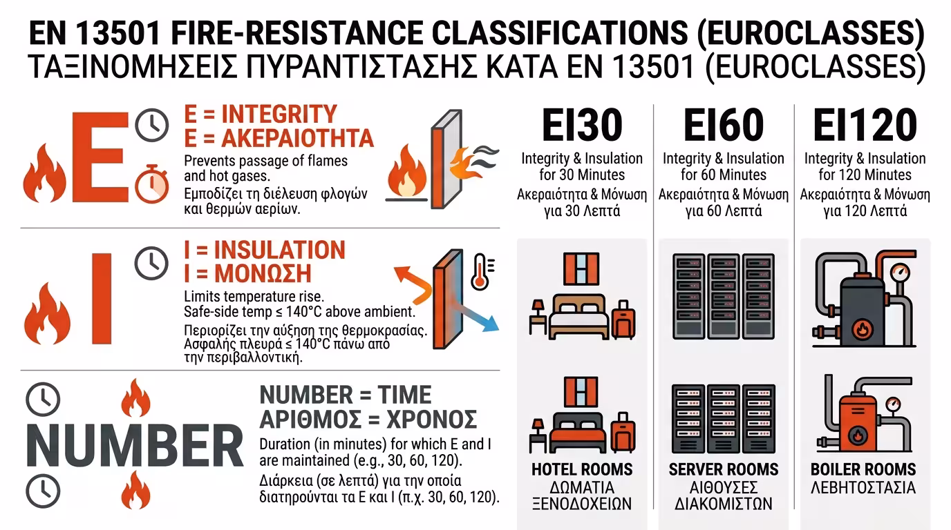 Δείκτες πυραντίστασης EI30 EI60 EI120 - Integrity, Insulation, χρόνος σε λεπτά