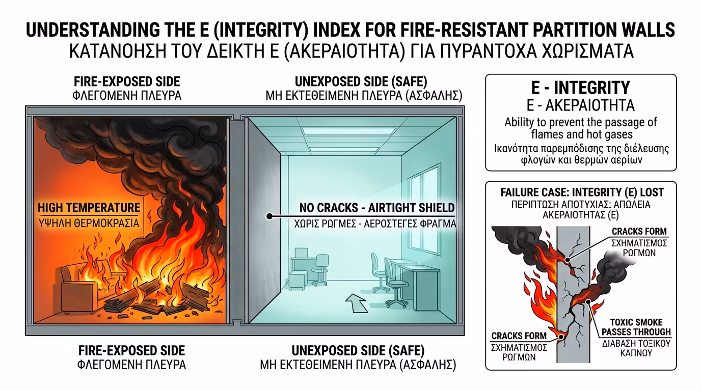 Δείκτης E: τοίχος χωρίς ρωγμές - ακεραιότητα, οι φλόγες και ο καπνός δεν περνάνε