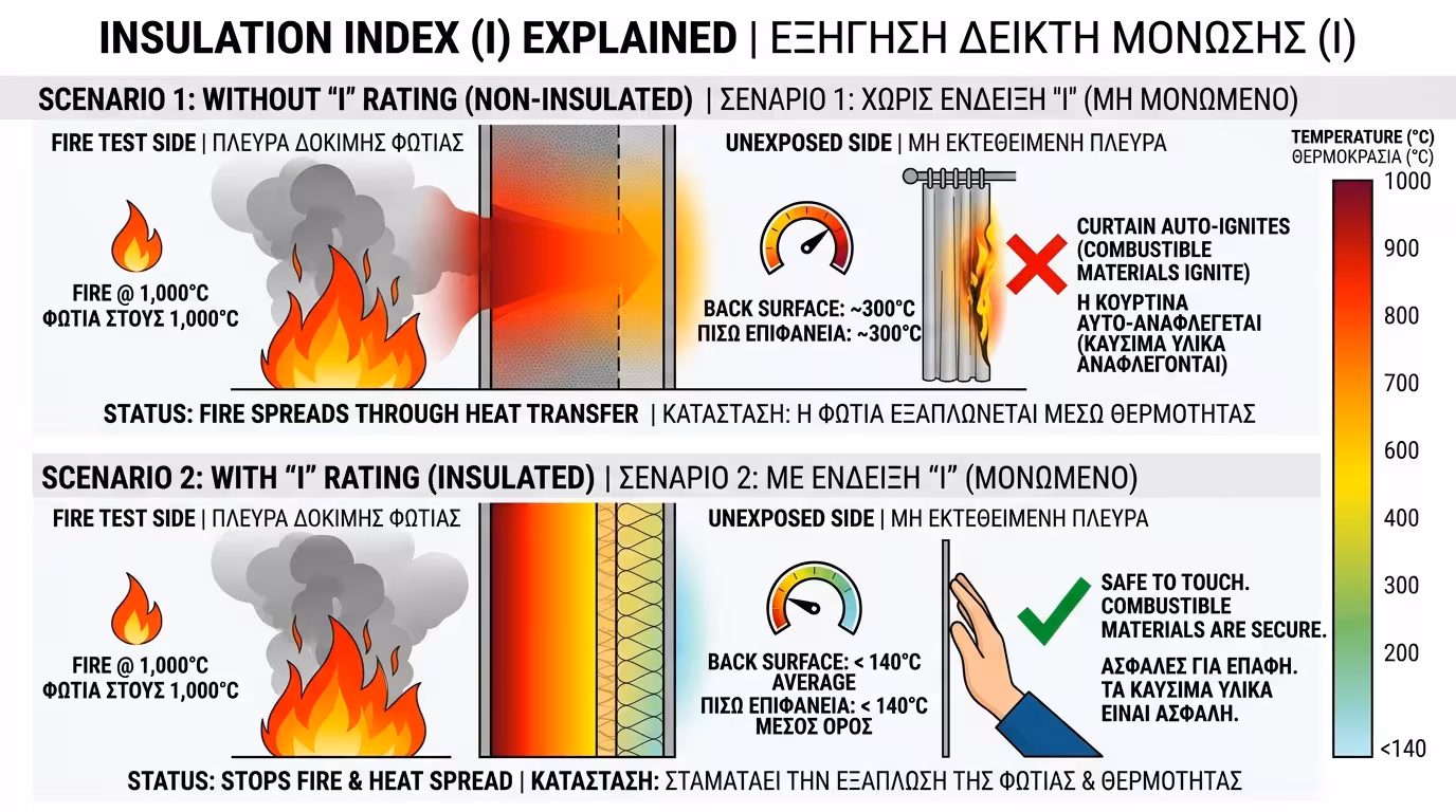 Δείκτης I: τοίχος που καίγεται από τη μία αλλά η πίσω πλευρά παραμένει κρύα (<140°C)