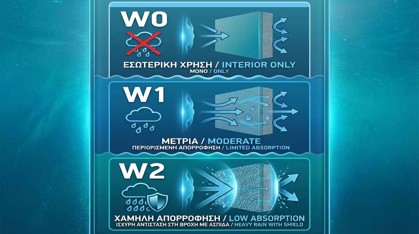Κατηγορίες W0, W1, W2 - υδαταπορρόφηση σοβά
