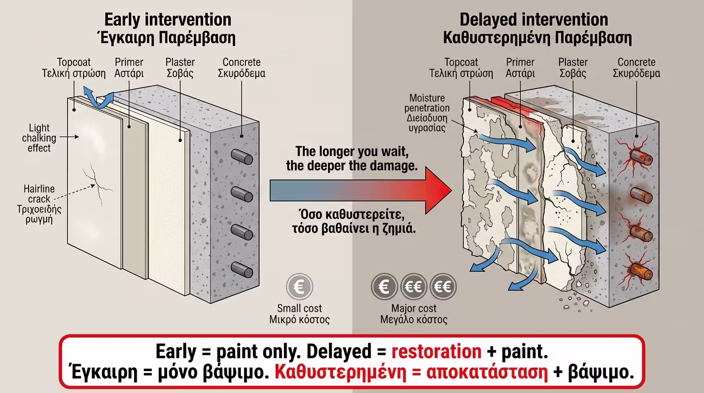 Τομή: πρώιμο στάδιο με μικρή φθορά vs καθυστέρηση με υγρασία & ζημιά σοβά