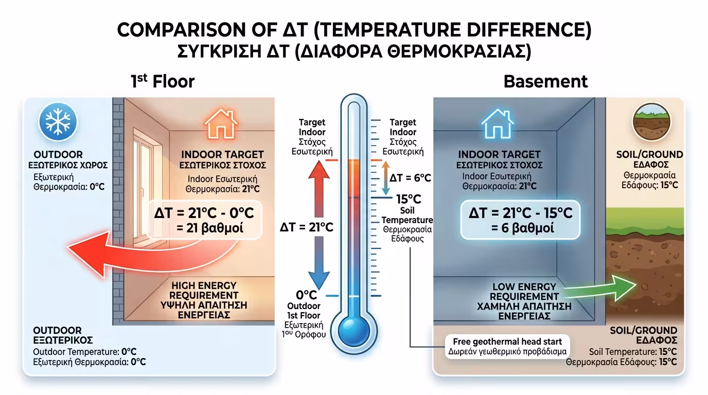 1ος όροφος ΔT=21° vs υπόγειο ΔT=6° - τεράστια εξοικονόμηση