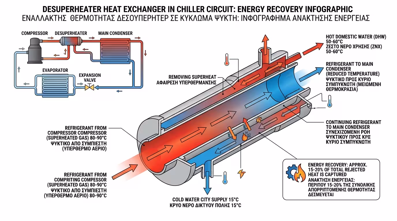 Desuperheater εναλλάκτης μετά τον συμπιεστή - ανάκτηση υπέρθερμου φρέον για ζεστό νερό