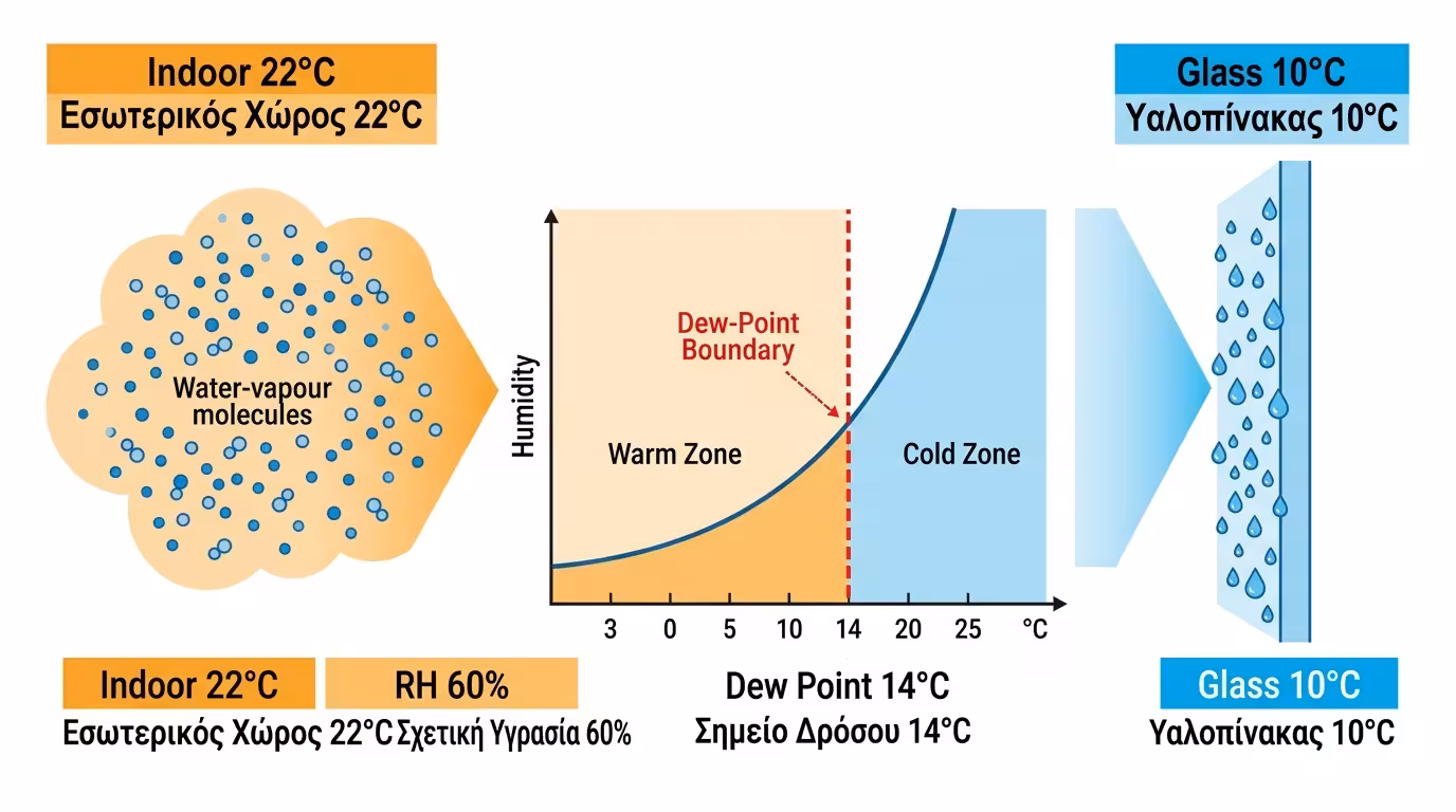Σημείο δρόσου - συμπύκνωση υδρατμών σε κρύα επιφάνεια τζαμιού