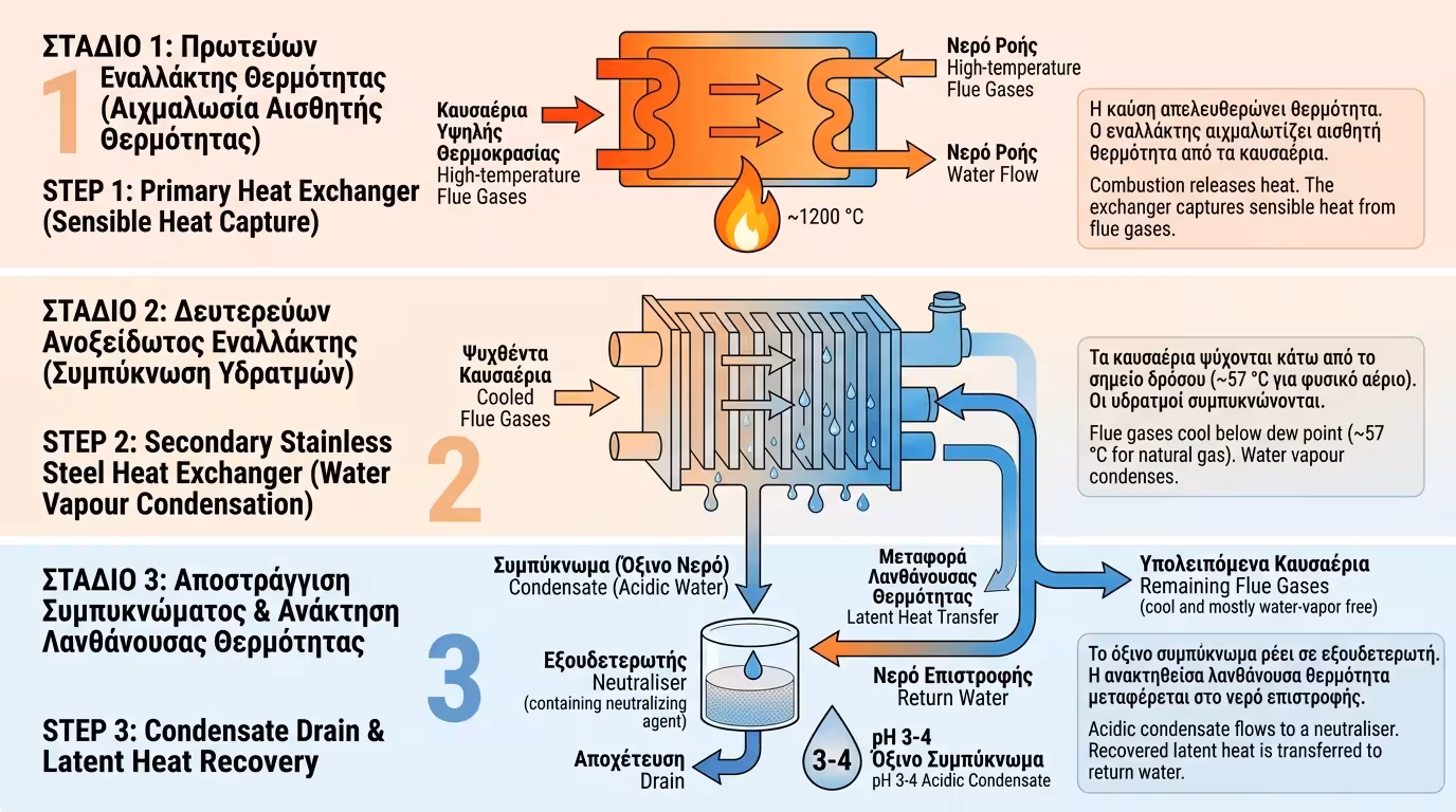 Διαδικασία συμπύκνωσης σε 3 βήματα - εναλλάκτης θερμότητας