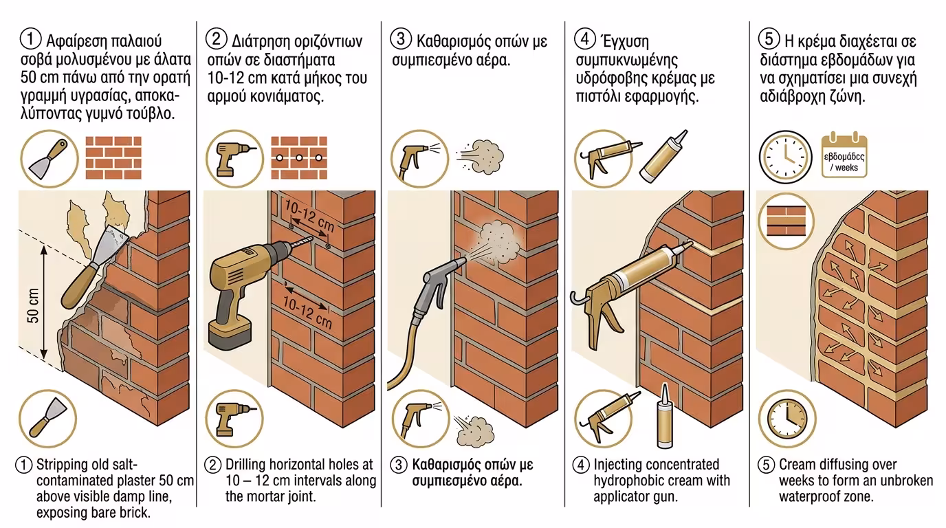 5 βήματα χημικού φράγματος - ξήλωμα, διάτρηση, καθαρισμός, ένεση, διάχυση