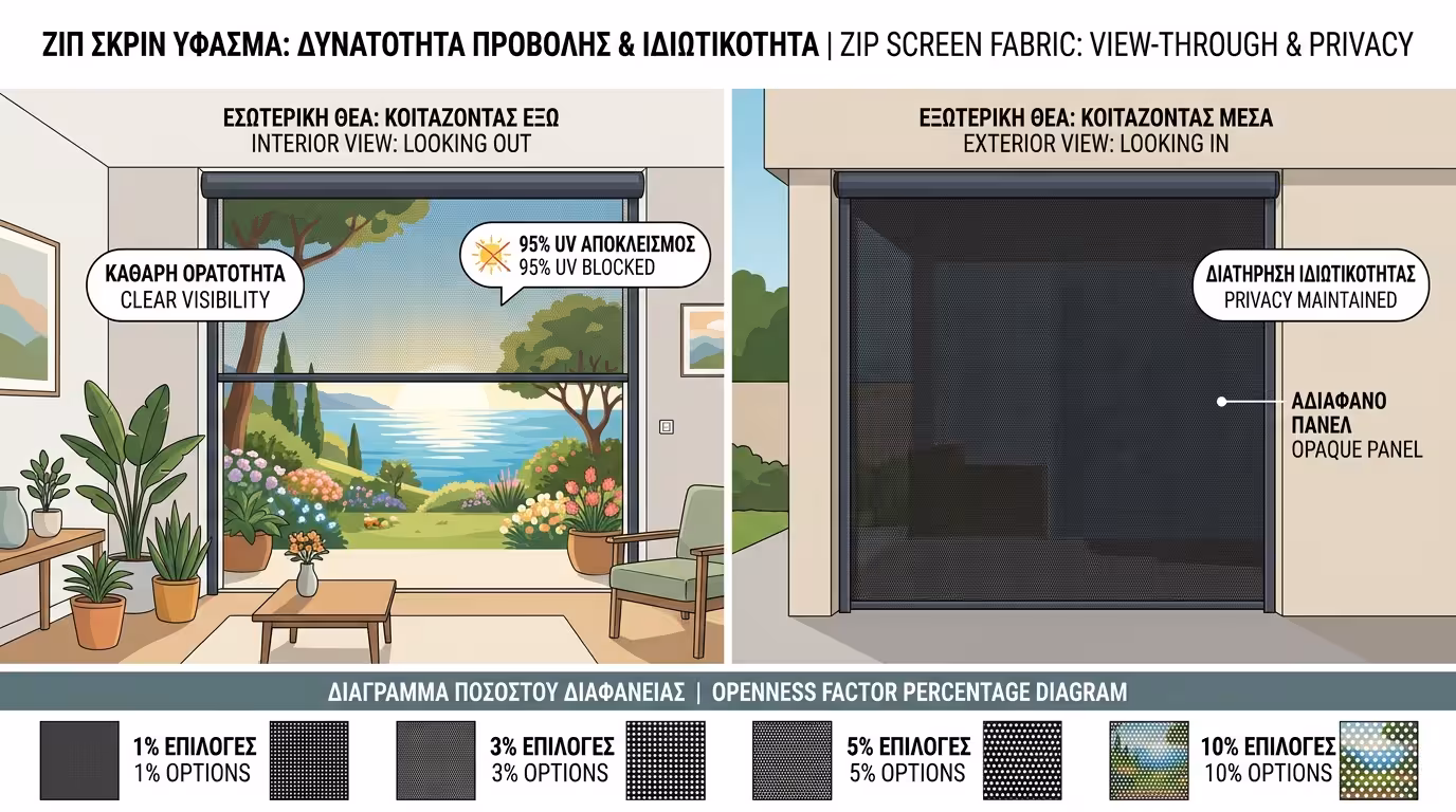 Zip Screen σε βιοκλιματική πέργκολα - θέα χωρίς εμπόδια