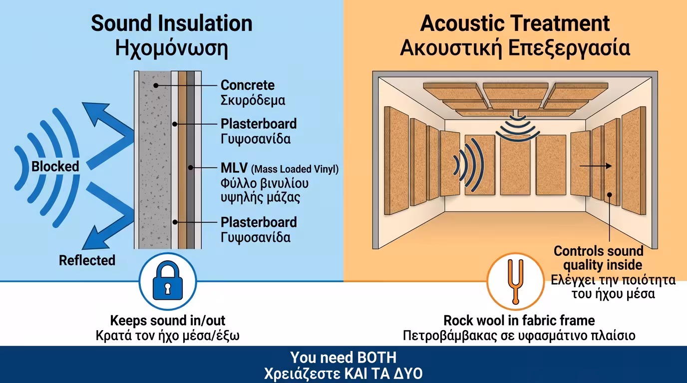 Ηχομόνωση (σταματάει τον ήχο να μπει/βγει) vs Ακουστική Βελτίωση (ελέγχει πώς ακούγεται μέσα)