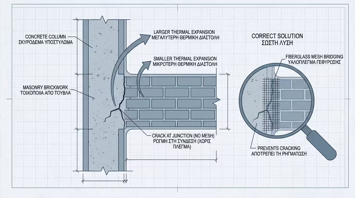 Τομή τοίχου: κολώνα μπετόν συναντά τούβλο, διαφορετικοί συντελεστές διαστολής, ρωγμή στην ένωση