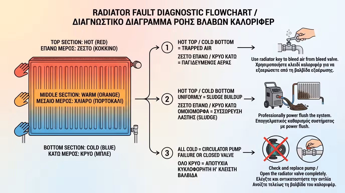 Διάγνωση καλοριφέρ – ψηλάφηση, ζεστό πάνω, κρύο κάτω