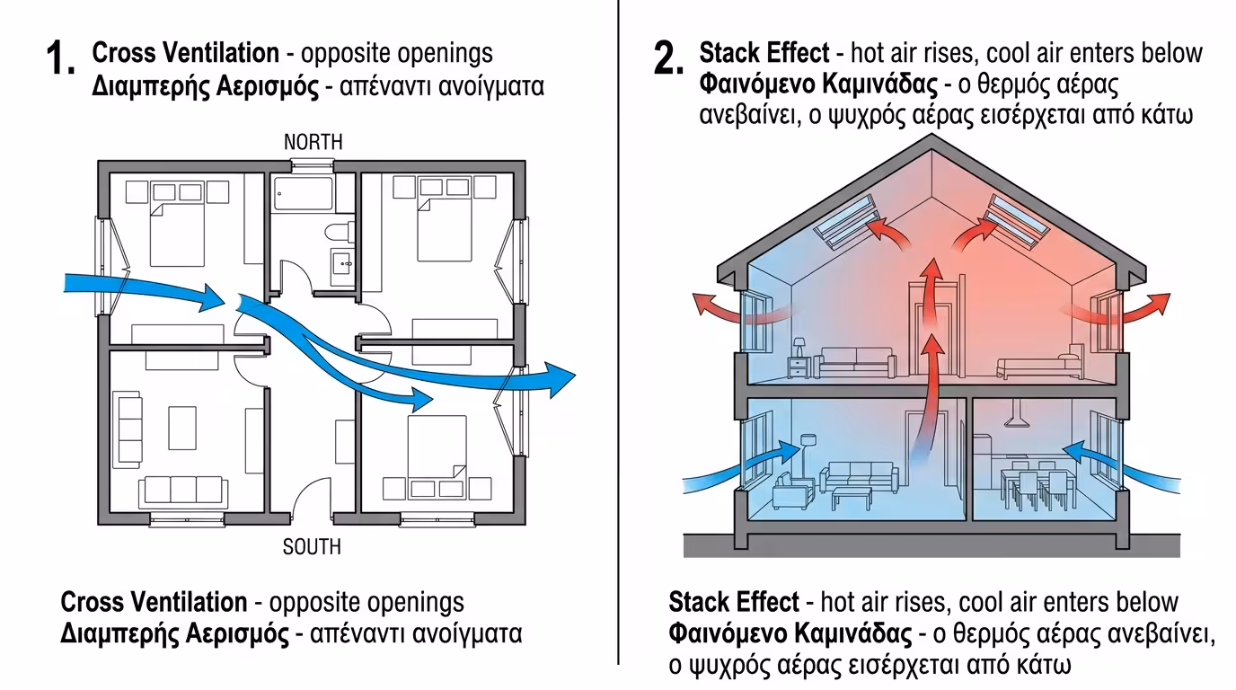 Διαμπερής αερισμός cross ventilation και stack effect - αέρας μπαίνει Βορρά βγαίνει Νότο, καμινάδα