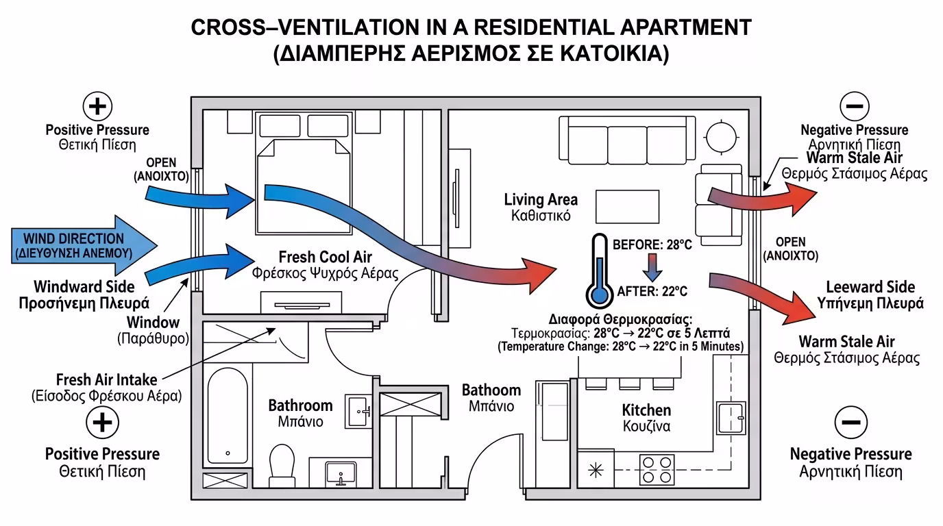 Διαμπερής αερισμός - ροή αέρα μεταξύ απέναντι παραθύρων, διαφορές πίεσης