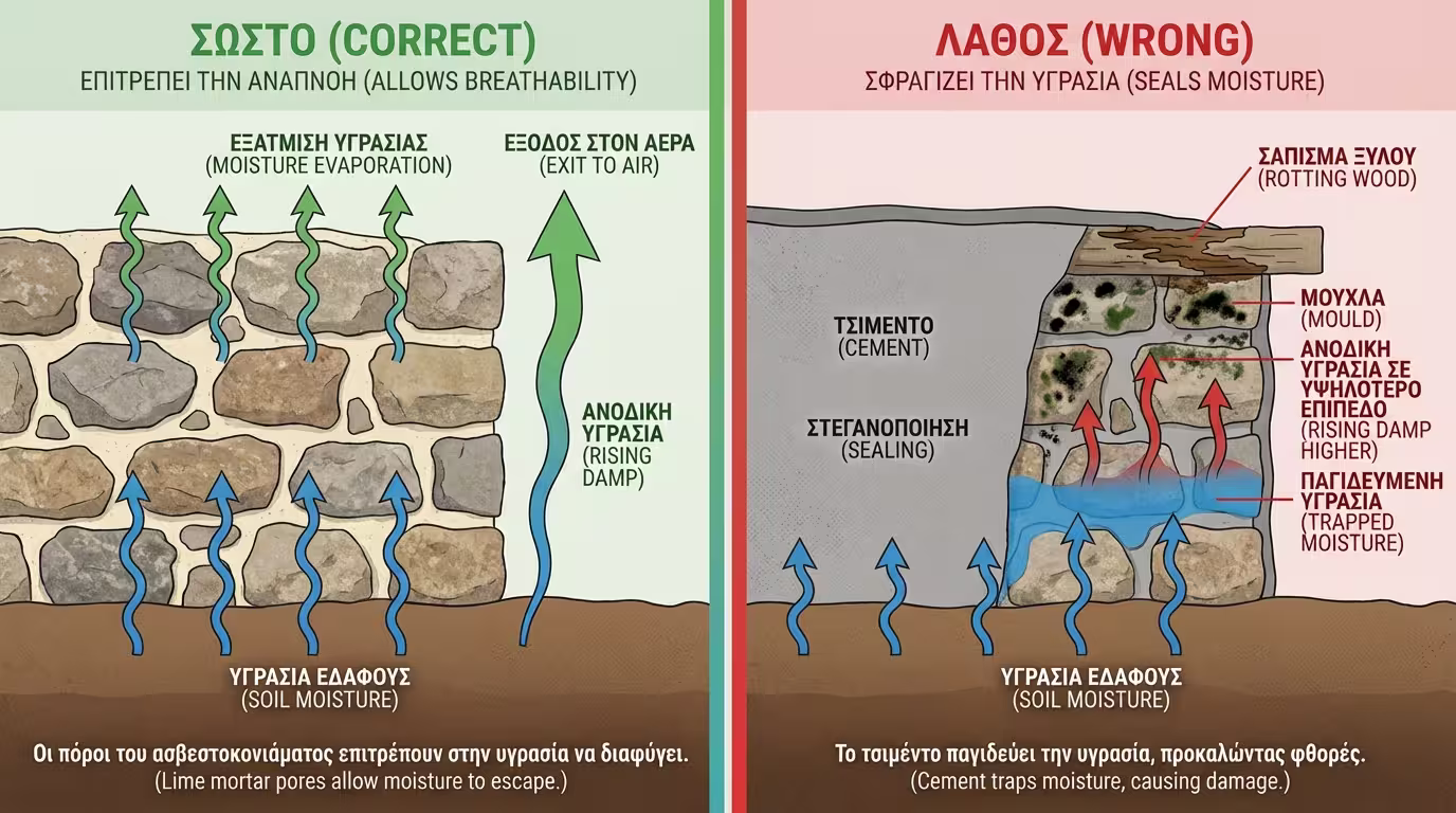 Τομή πέτρινου τοίχου: αριστερά ασβέστης εξατμίζει - δεξιά τσιμέντο πνίγει