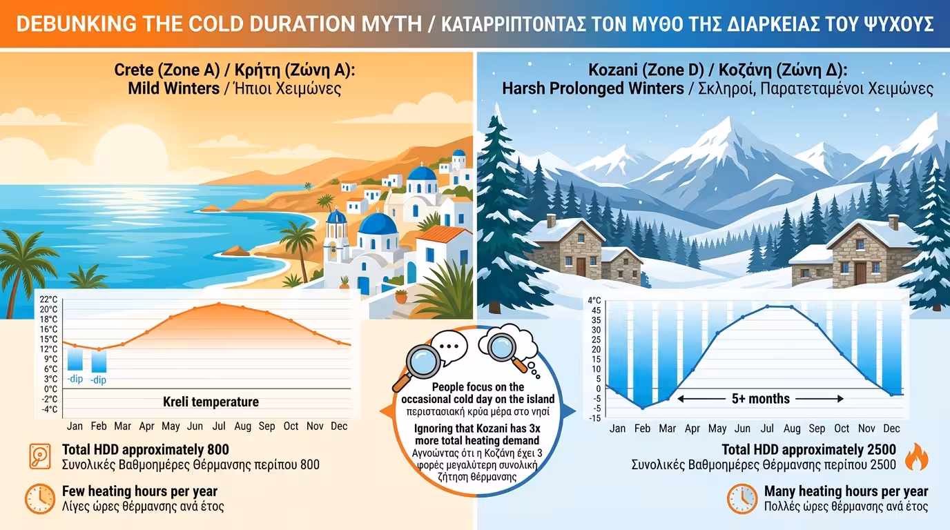 Διάρκεια κρύου - χιόνια σε νησί 2 μέρες vs σταθερό κρύο Κοζάνη 5 μήνες