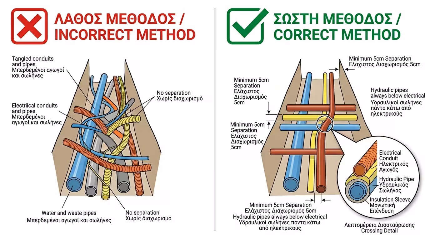 Διασταυρώσεις υδραυλικών-ηλεκτρολογικών στο δάπεδο - νερό κάτω, ρεύμα πάνω, αποστάσεις