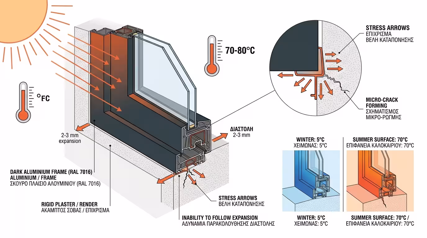 Αλουμίνιο διαστέλλεται με τη ζέστη - πίεση πάνω σε σκληρό σοβά και σπάσιμο