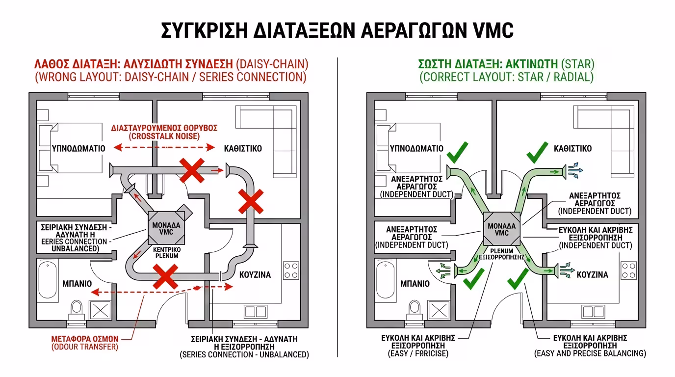 Διάταξη αστέρα - ξεχωριστή γραμμή κάθε δωμάτιο, μηδέν crosstalk, ισορροπημένη παροχή